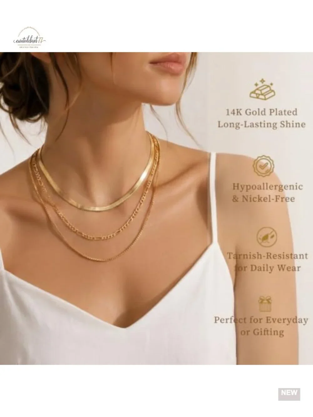 3 Piece Layered Gold Plated Necklace Set Cuban Herringbone Figaro Chain Stack